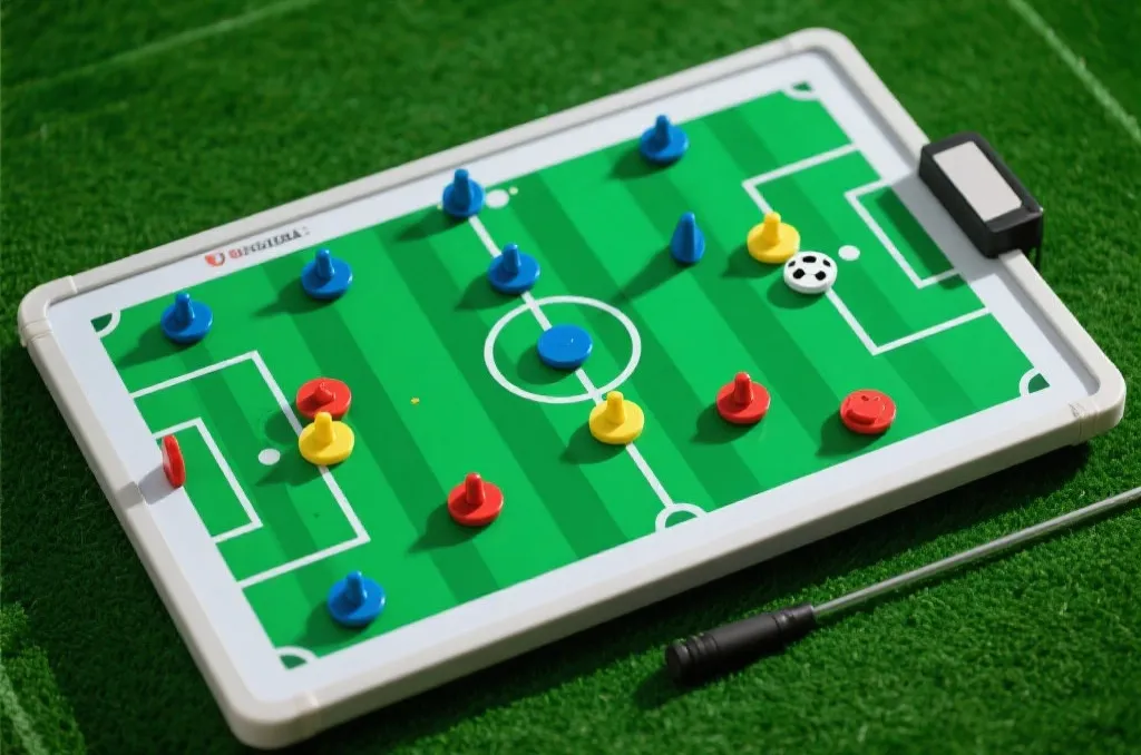 A professional soccer tactical board with magnetic pieces showing strategies on a green pitch, high angle shot, editorial style
